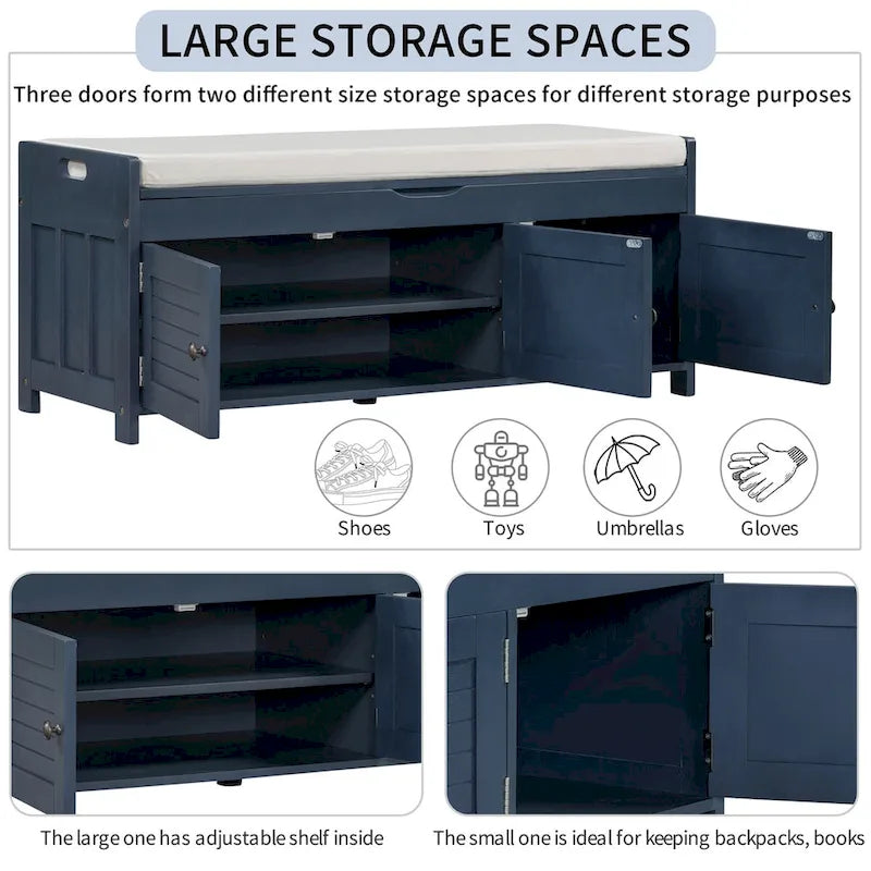 Rustic 3-Door Storage Bench with Removable Cushion and Hidden Compartment – Antique Navy / Gray Wash / White / Espresso, 2-Person Use