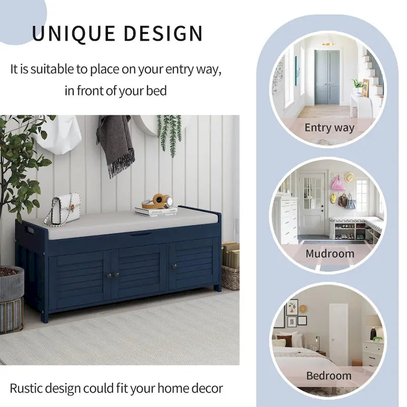 Rustic 3-Door Storage Bench with Removable Cushion and Hidden Compartment – Antique Navy / Gray Wash / White / Espresso, 2-Person Use