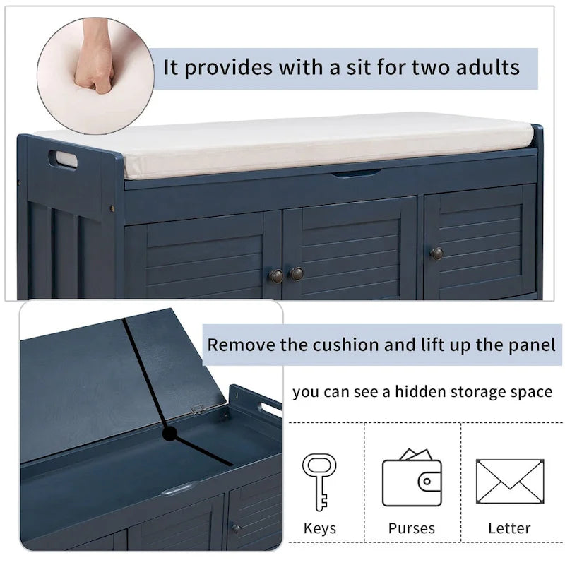 Rustic 3-Door Storage Bench with Removable Cushion and Hidden Compartment – Antique Navy / Gray Wash / White / Espresso, 2-Person Use