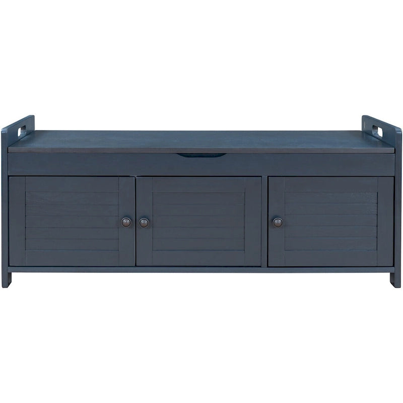 Rustic 3-Door Storage Bench with Removable Cushion and Hidden Compartment – Antique Navy / Gray Wash / White / Espresso, 2-Person Use