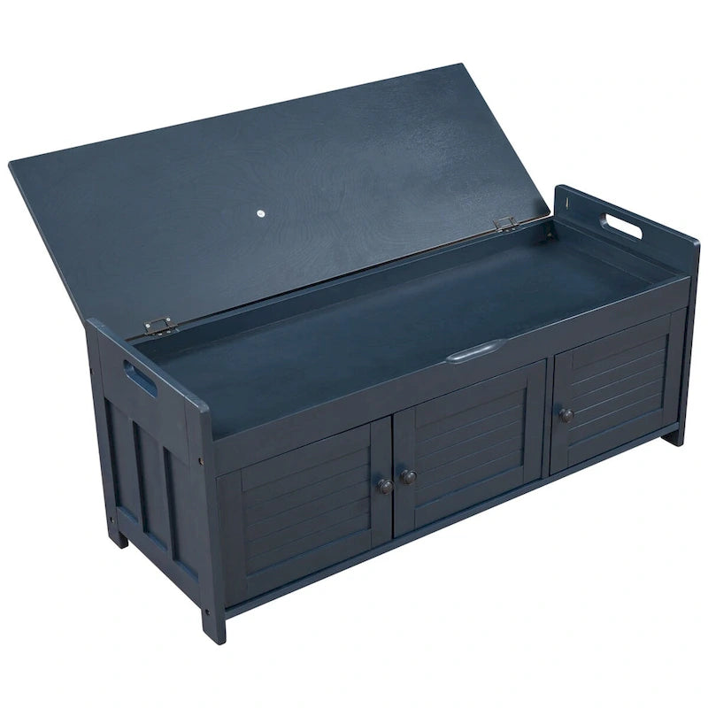 Rustic 3-Door Storage Bench with Removable Cushion and Hidden Compartment – Antique Navy / Gray Wash / White / Espresso, 2-Person Use