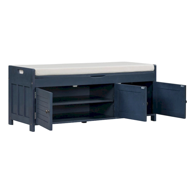 Rustic 3-Door Storage Bench with Removable Cushion and Hidden Compartment – Antique Navy / Gray Wash / White / Espresso, 2-Person Use