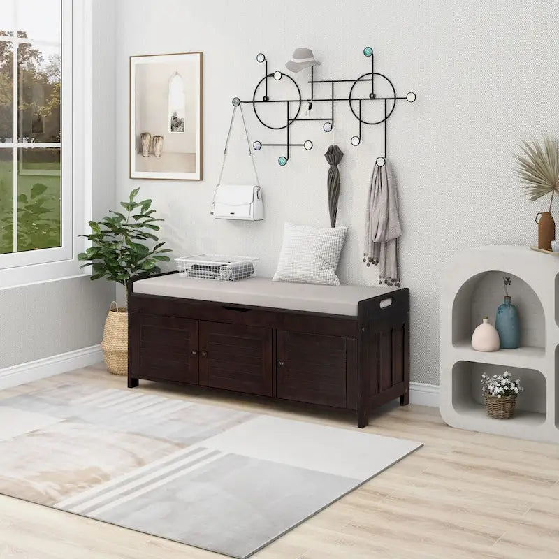 Rustic 3-Door Storage Bench with Removable Cushion and Hidden Compartment – Antique Navy / Gray Wash / White / Espresso, 2-Person Use