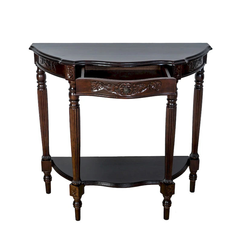 Half Crescent Moon Shape Engraved Birch Wood Console Table with Drawer – Brown, 1-Unit