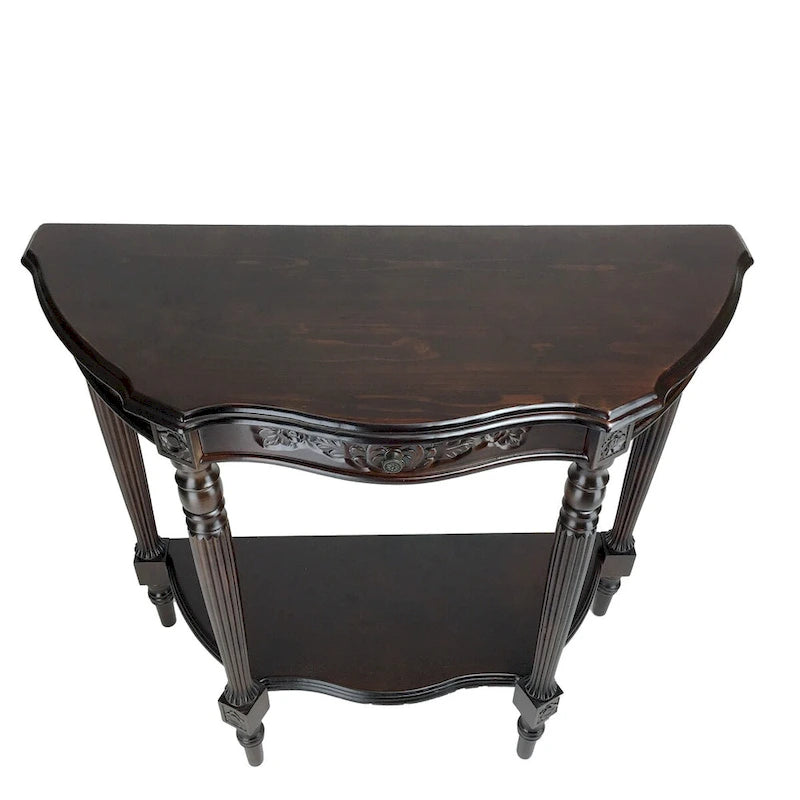 Half Crescent Moon Shape Engraved Birch Wood Console Table with Drawer – Brown, 1-Unit