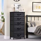 5-Drawer Fabric Dresser Storage Tower with Metal Frame – Dark Grey / Black Grey / Black Wood Grain / Gray / Light Wood, 1-Unit
