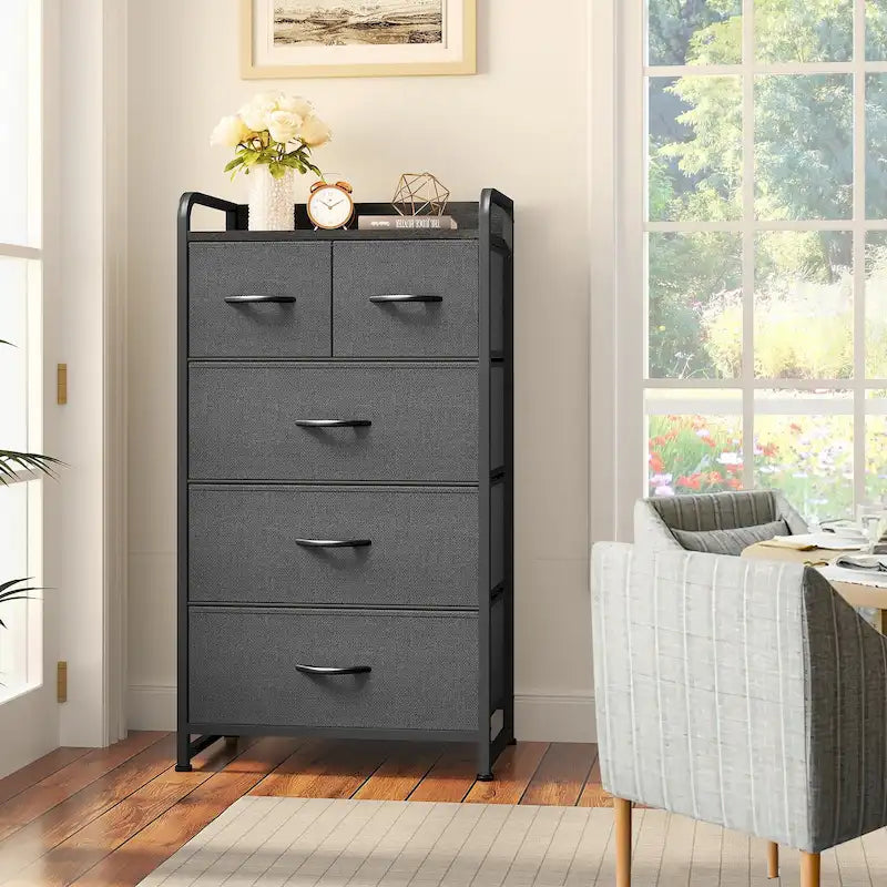 5-Drawer Fabric Dresser Storage Tower with Metal Frame – Dark Grey / Black Grey / Black Wood Grain / Gray / Light Wood, 1-Unit
