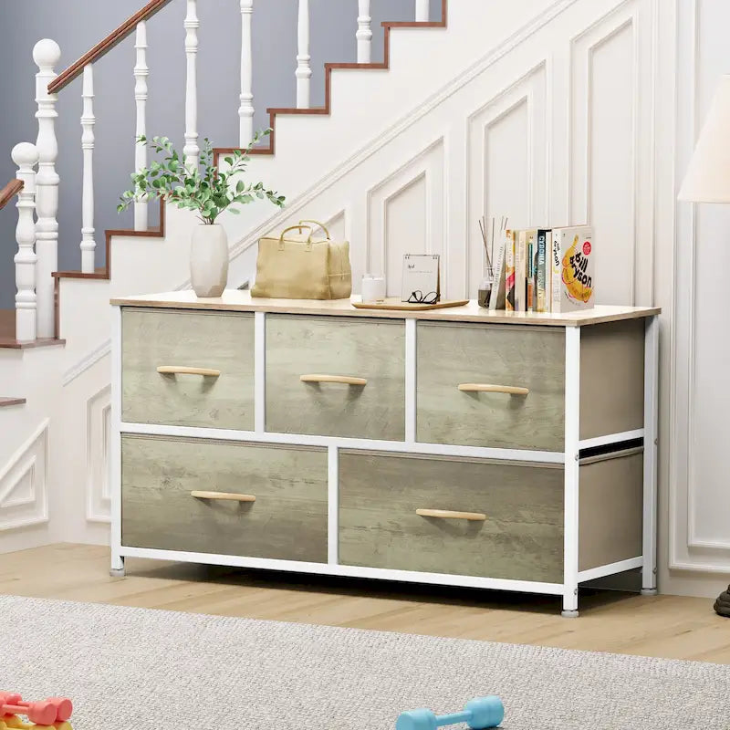 5-Drawer Fabric Dresser Storage Tower with Metal Frame – Dark Grey / Black Grey / Black Wood Grain / Gray / Light Wood, 1-Unit