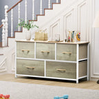 5-Drawer Fabric Dresser Storage Tower with Metal Frame – Dark Grey / Black Grey / Black Wood Grain / Gray / Light Wood, 1-Unit