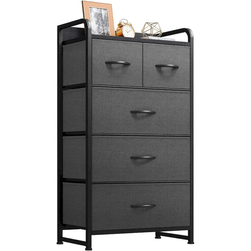 5-Drawer Fabric Dresser Storage Tower with Metal Frame – Dark Grey / Black Grey / Black Wood Grain / Gray / Light Wood, 1-Unit