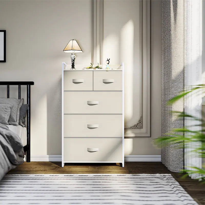 5-Drawer Fabric Dresser Storage Tower with Metal Frame – Dark Grey / Black Grey / Black Wood Grain / Gray / Light Wood, 1-Unit