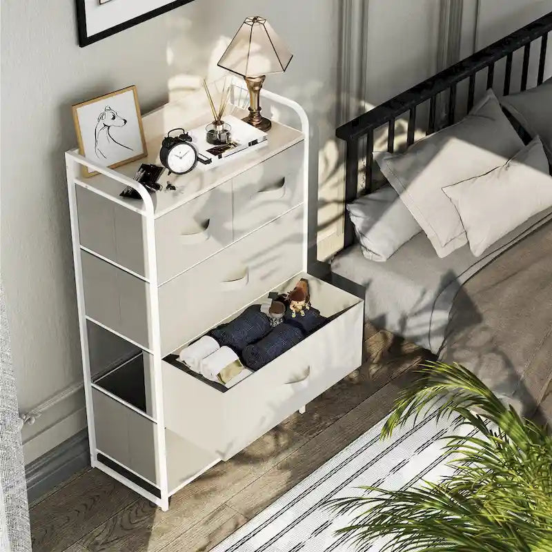 5-Drawer Fabric Dresser Storage Tower with Metal Frame – Dark Grey / Black Grey / Black Wood Grain / Gray / Light Wood, 1-Unit