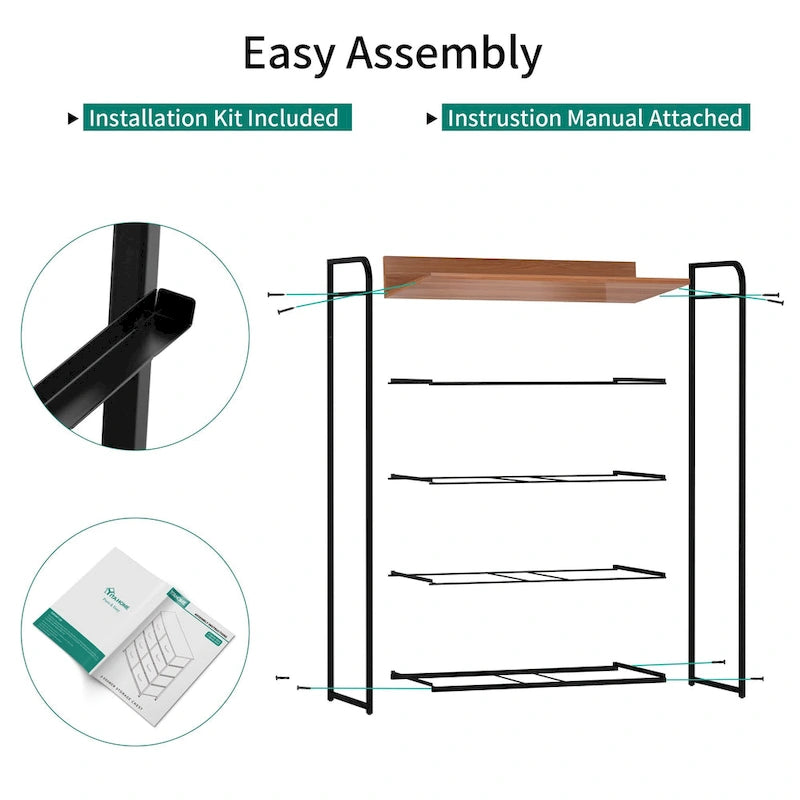 5-Drawer Fabric Dresser Storage Tower with Metal Frame – Dark Grey / Black Grey / Black Wood Grain / Gray / Light Wood, 1-Unit