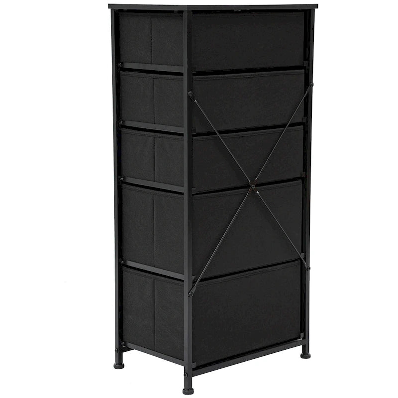 5-Drawer Fabric Dresser Storage Tower with Metal Frame – Dark Grey / Black Grey / Black Wood Grain / Gray / Light Wood, 1-Unit