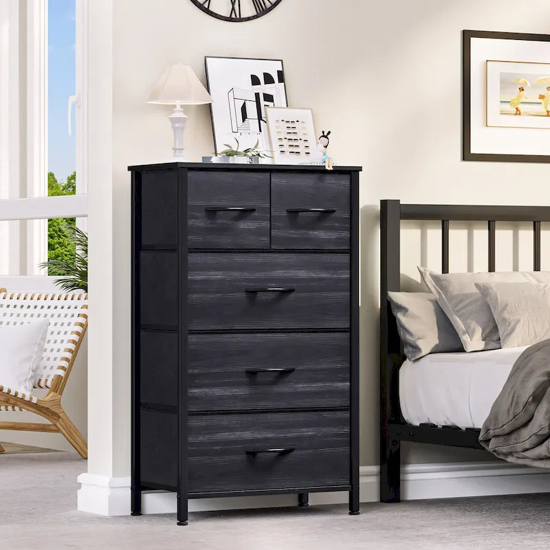 5-Drawer Fabric Dresser Storage Tower with Metal Frame – Dark Grey / Black Grey / Black Wood Grain / Gray / Light Wood, 1-Unit