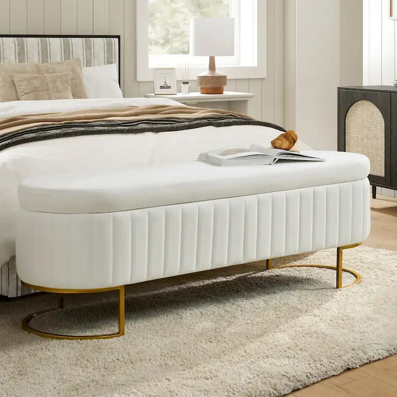 Channel-Tufted Upholstered Storage Bench with U-Shape Metal Legs – Mustard / Ivory / Navy, 2-Person Use