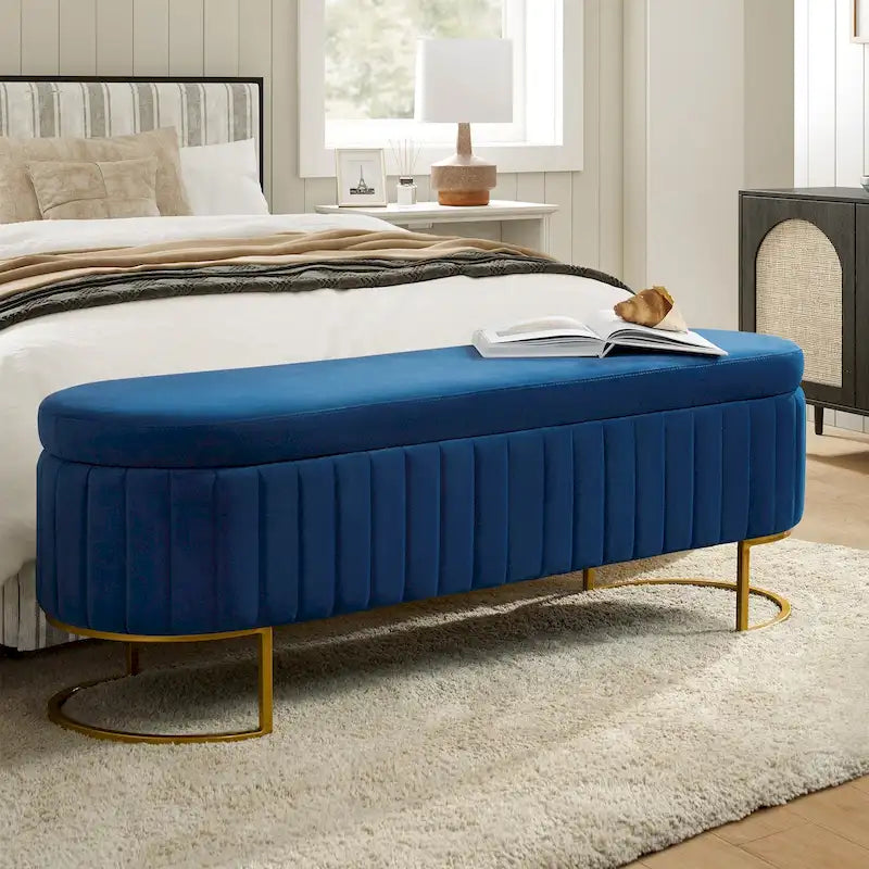 Channel-Tufted Upholstered Storage Bench with U-Shape Metal Legs – Mustard / Ivory / Navy, 2-Person Use