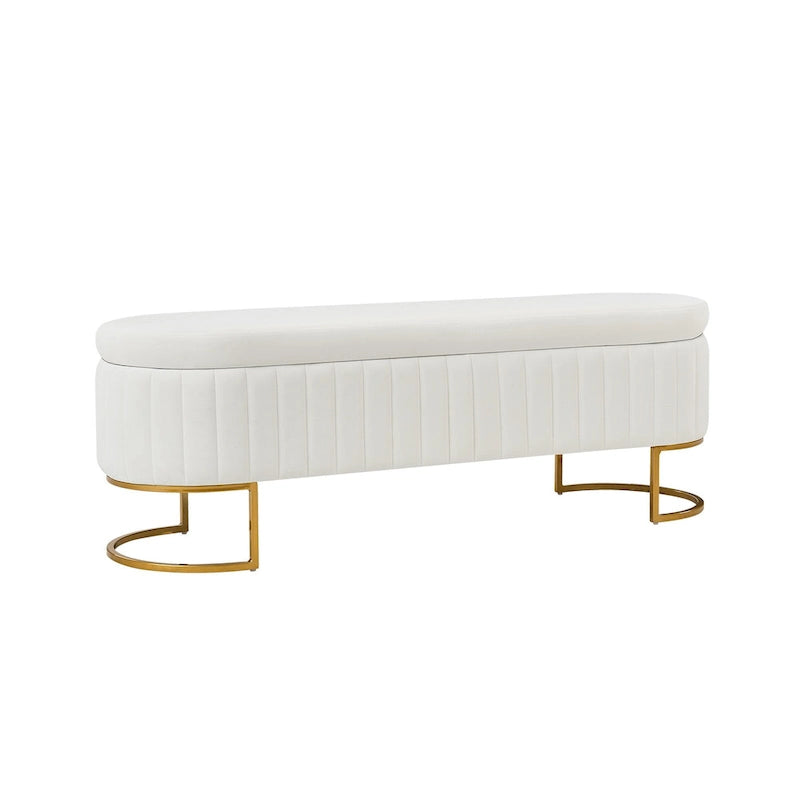 Channel-Tufted Upholstered Storage Bench with U-Shape Metal Legs – Mustard / Ivory / Navy, 2-Person Use