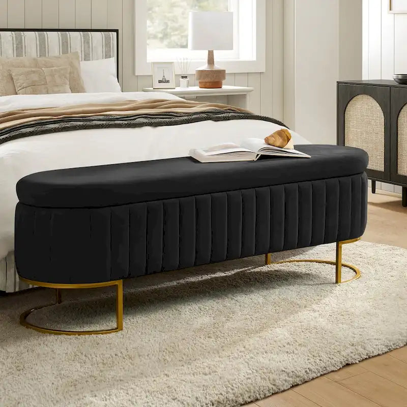 Channel-Tufted Upholstered Storage Bench with U-Shape Metal Legs – Mustard / Ivory / Navy, 2-Person Use
