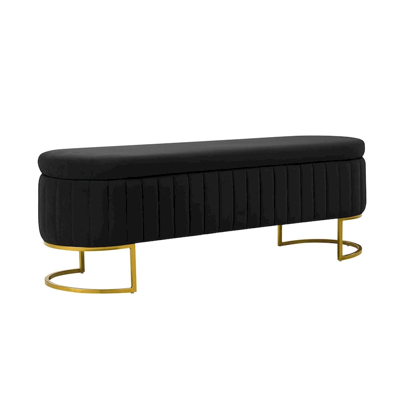 Channel-Tufted Upholstered Storage Bench with U-Shape Metal Legs – Mustard / Ivory / Navy, 2-Person Use