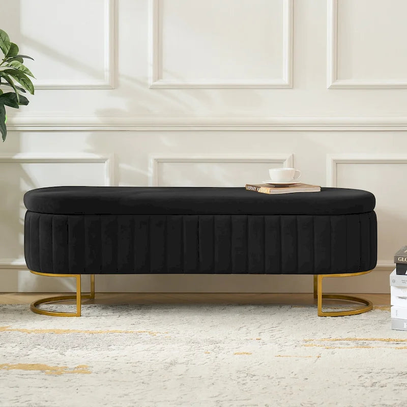 Channel-Tufted Upholstered Storage Bench with U-Shape Metal Legs – Mustard / Ivory / Navy, 2-Person Use