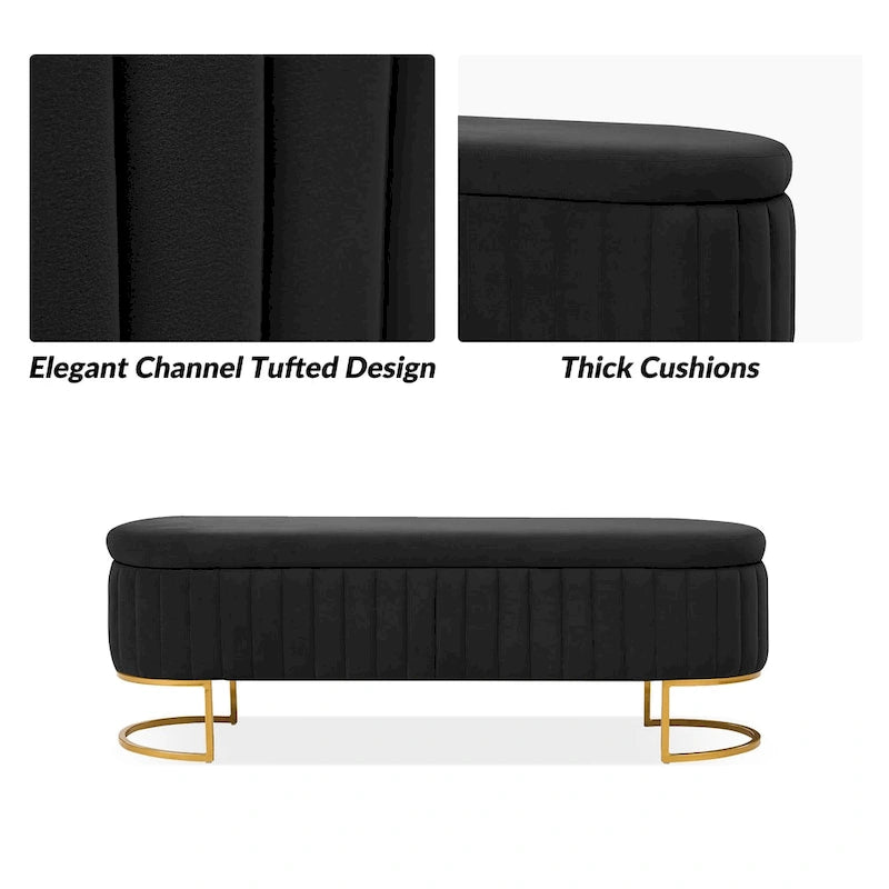 Channel-Tufted Upholstered Storage Bench with U-Shape Metal Legs – Mustard / Ivory / Navy, 2-Person Use