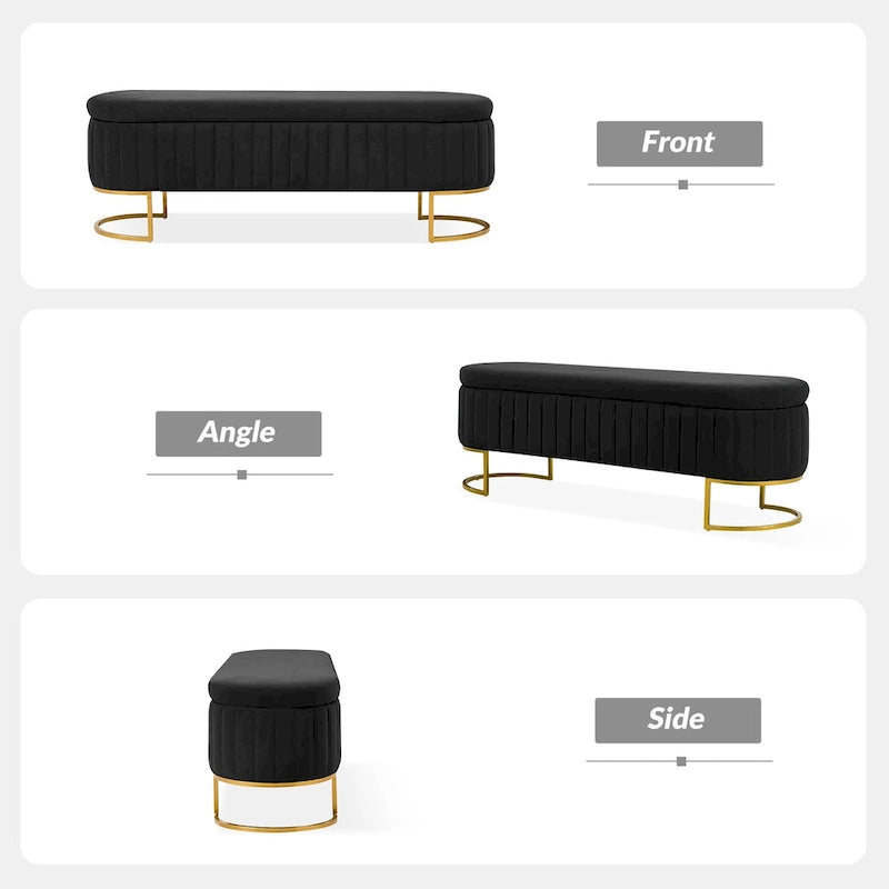 Channel-Tufted Upholstered Storage Bench with U-Shape Metal Legs – Mustard / Ivory / Navy, 2-Person Use