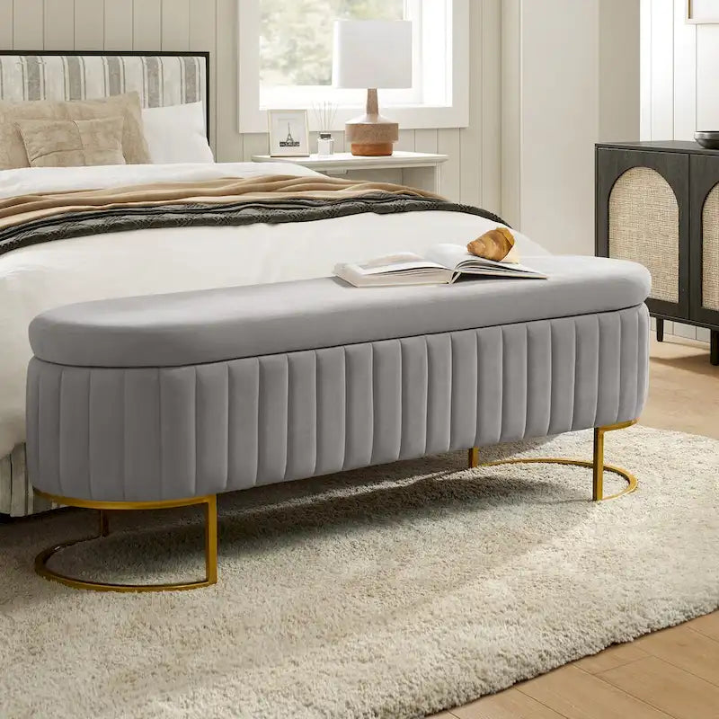 Channel-Tufted Upholstered Storage Bench with U-Shape Metal Legs – Mustard / Ivory / Navy, 2-Person Use