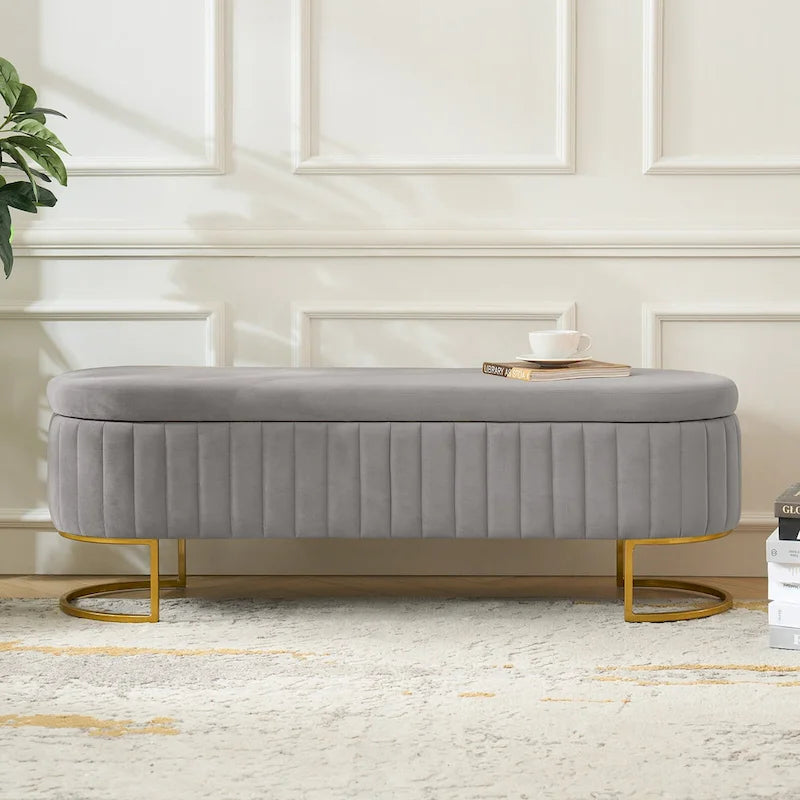 Channel-Tufted Upholstered Storage Bench with U-Shape Metal Legs – Mustard / Ivory / Navy, 2-Person Use
