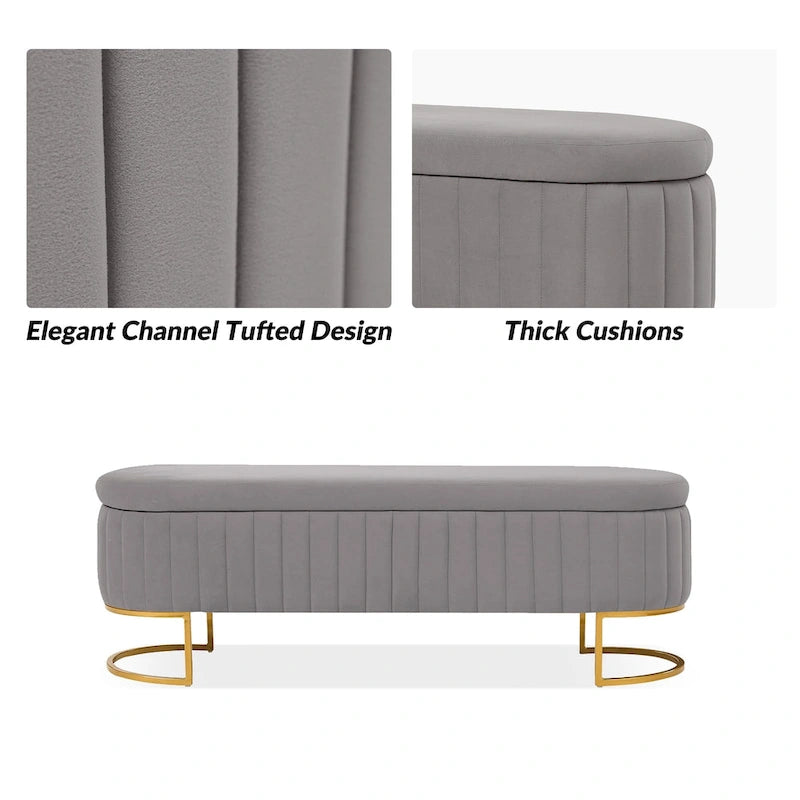 Channel-Tufted Upholstered Storage Bench with U-Shape Metal Legs – Mustard / Ivory / Navy, 2-Person Use