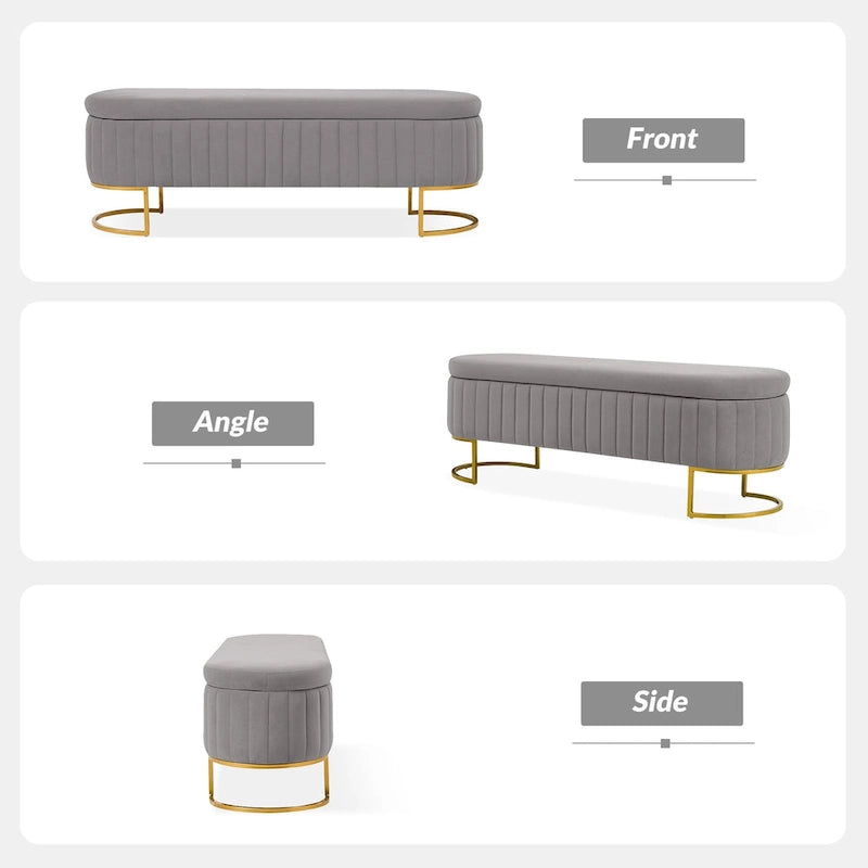 Channel-Tufted Upholstered Storage Bench with U-Shape Metal Legs – Mustard / Ivory / Navy, 2-Person Use