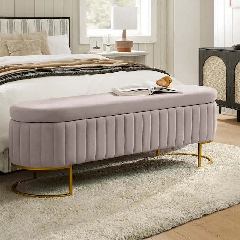 Channel-Tufted Upholstered Storage Bench with U-Shape Metal Legs – Mustard / Ivory / Navy, 2-Person Use