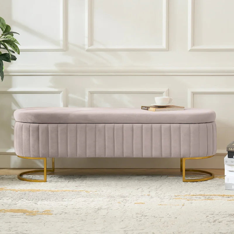 Channel-Tufted Upholstered Storage Bench with U-Shape Metal Legs – Mustard / Ivory / Navy, 2-Person Use