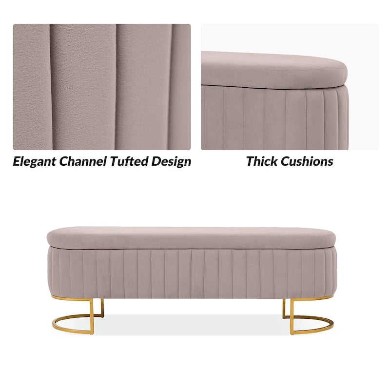 Channel-Tufted Upholstered Storage Bench with U-Shape Metal Legs – Mustard / Ivory / Navy, 2-Person Use