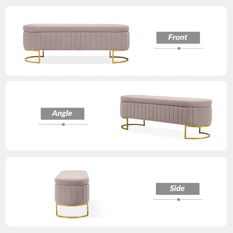 Channel-Tufted Upholstered Storage Bench with U-Shape Metal Legs – Mustard / Ivory / Navy, 2-Person Use