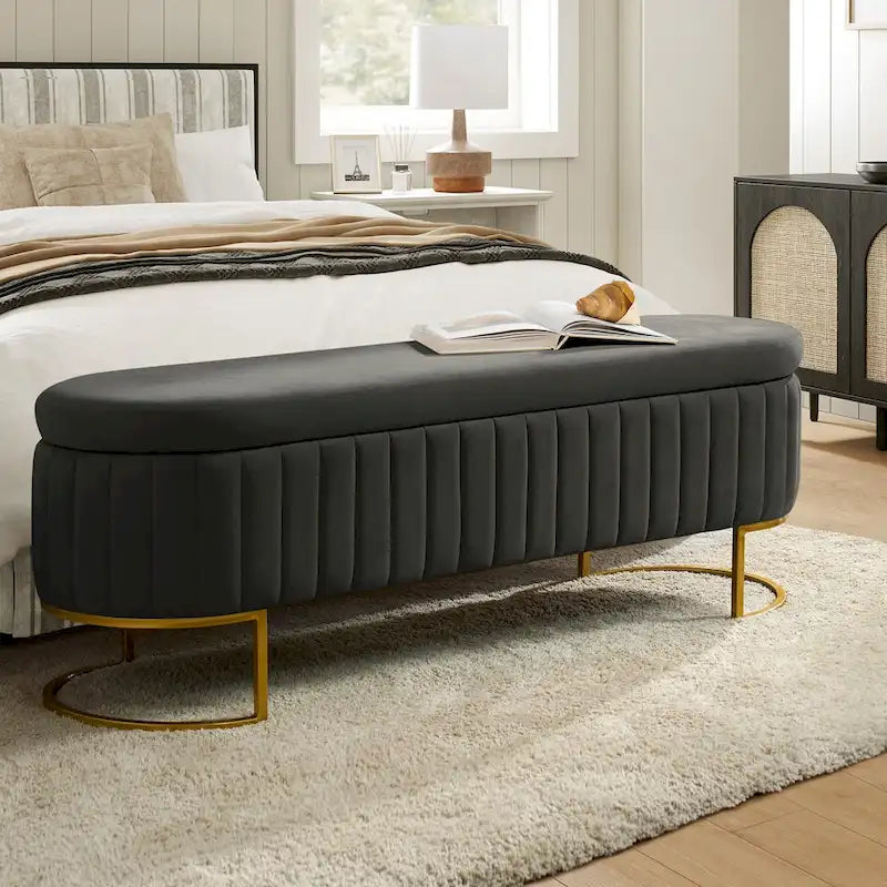 Channel-Tufted Upholstered Storage Bench with U-Shape Metal Legs – Mustard / Ivory / Navy, 2-Person Use
