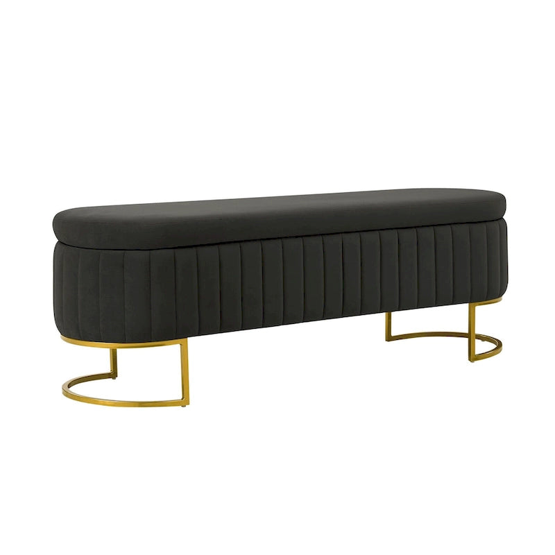 Channel-Tufted Upholstered Storage Bench with U-Shape Metal Legs – Mustard / Ivory / Navy, 2-Person Use