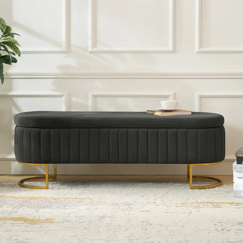 Channel-Tufted Upholstered Storage Bench with U-Shape Metal Legs – Mustard / Ivory / Navy, 2-Person Use