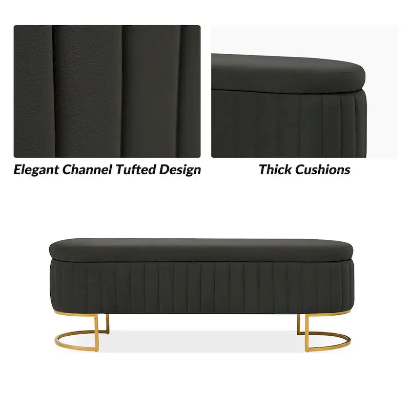 Channel-Tufted Upholstered Storage Bench with U-Shape Metal Legs – Mustard / Ivory / Navy, 2-Person Use