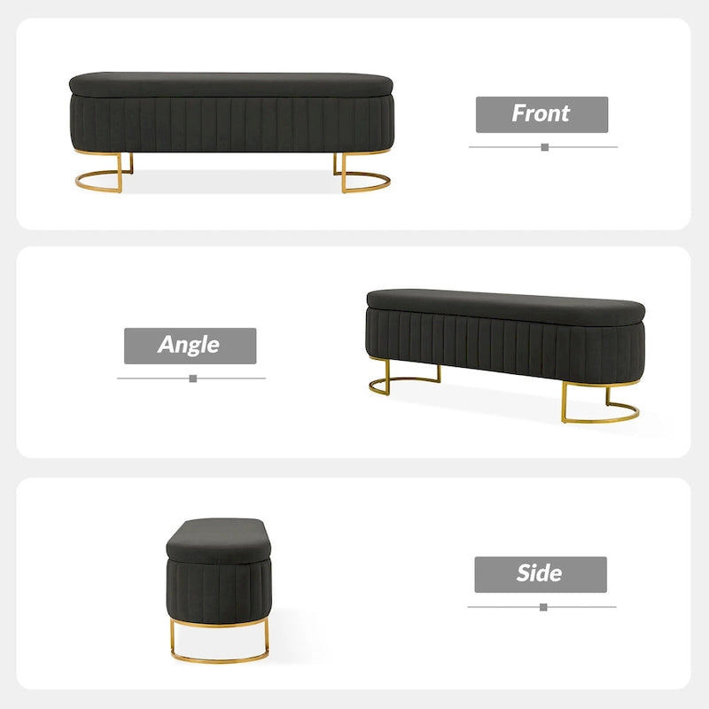 Channel-Tufted Upholstered Storage Bench with U-Shape Metal Legs – Mustard / Ivory / Navy, 2-Person Use