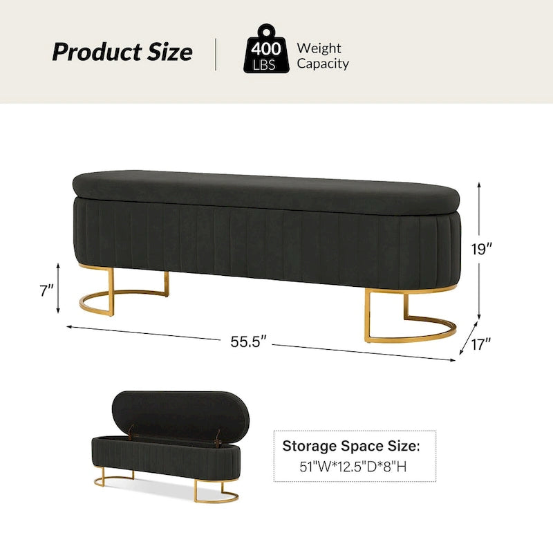 Channel-Tufted Upholstered Storage Bench with U-Shape Metal Legs – Mustard / Ivory / Navy, 2-Person Use