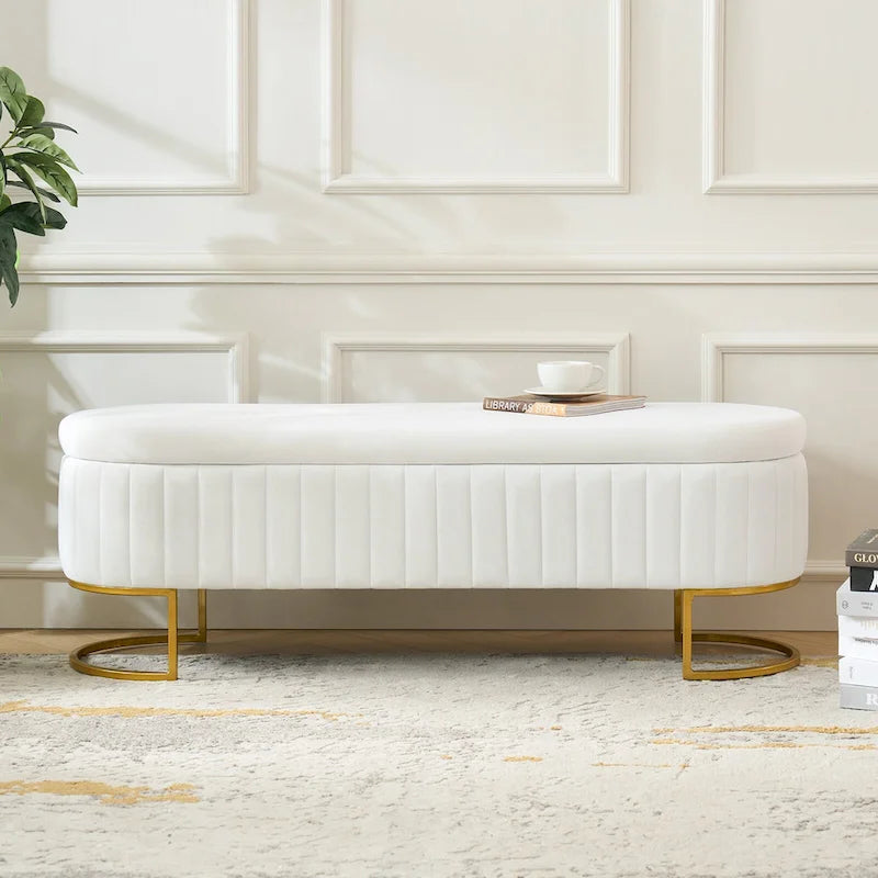 Channel-Tufted Upholstered Storage Bench with U-Shape Metal Legs – Mustard / Ivory / Navy, 2-Person Use