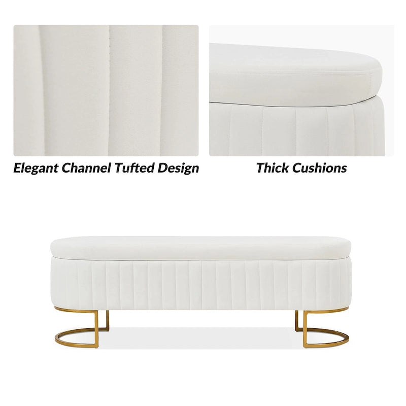 Channel-Tufted Upholstered Storage Bench with U-Shape Metal Legs – Mustard / Ivory / Navy, 2-Person Use