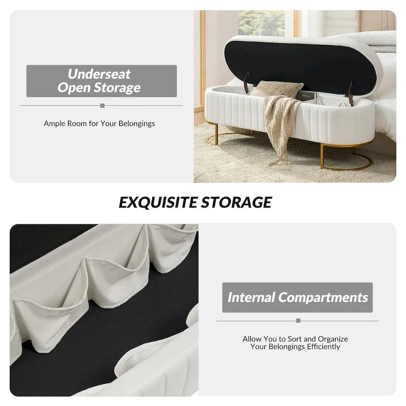 Channel-Tufted Upholstered Storage Bench with U-Shape Metal Legs – Mustard / Ivory / Navy, 2-Person Use