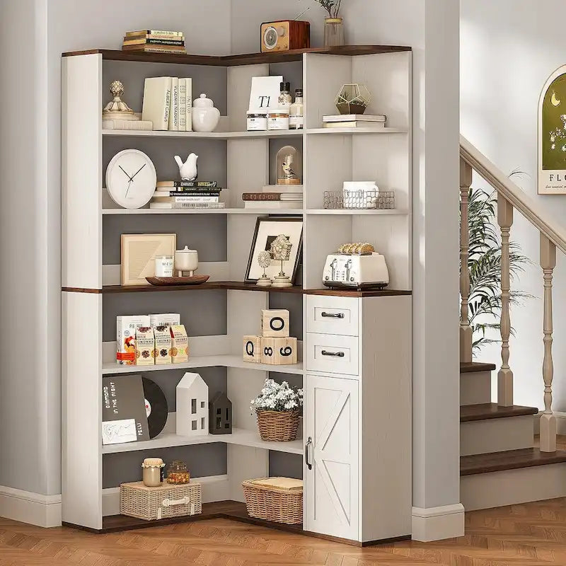 L-Shaped 7-Tier Corner Bookshelf with Cabinet and Drawers – Oak / Antique White, 1-Unit