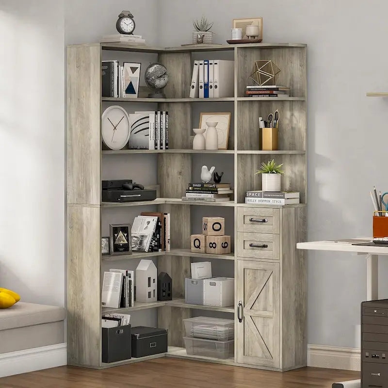 7-Shelf Corner Bookshelf L-Shape Bookcase Large Storage Shelf Display