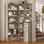 L-Shaped 7-Tier Corner Bookshelf with Cabinet and Drawers – Oak / Antique White, 1-Unit