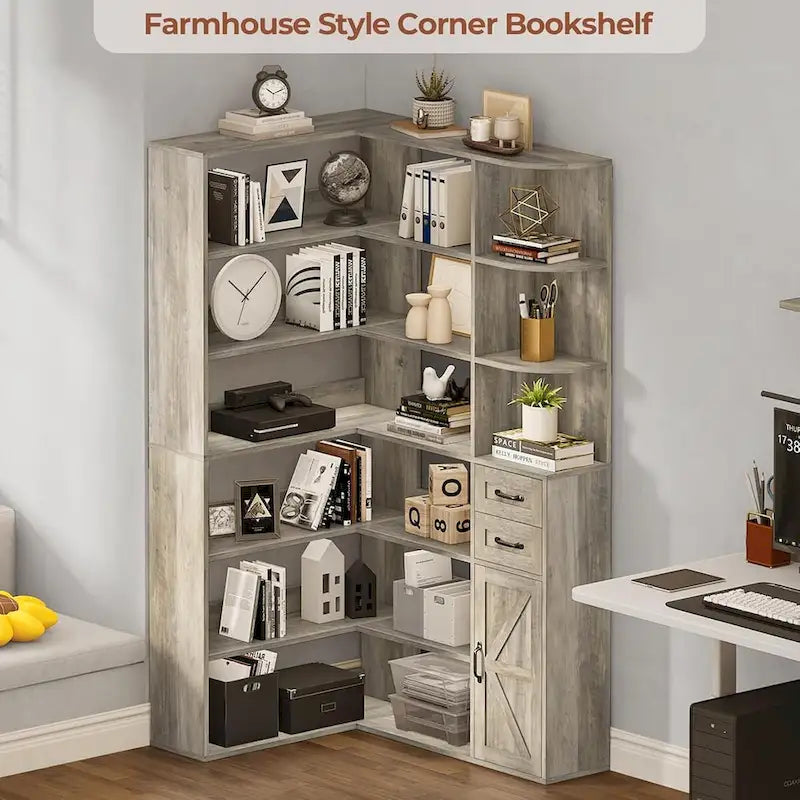 L-Shaped 7-Tier Corner Bookshelf with Cabinet and Drawers – Oak / Antique White, 1-Unit