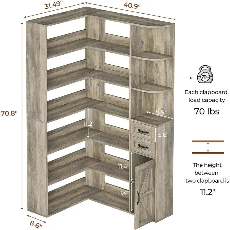 L-Shaped 7-Tier Corner Bookshelf with Cabinet and Drawers – Oak / Antique White, 1-Unit