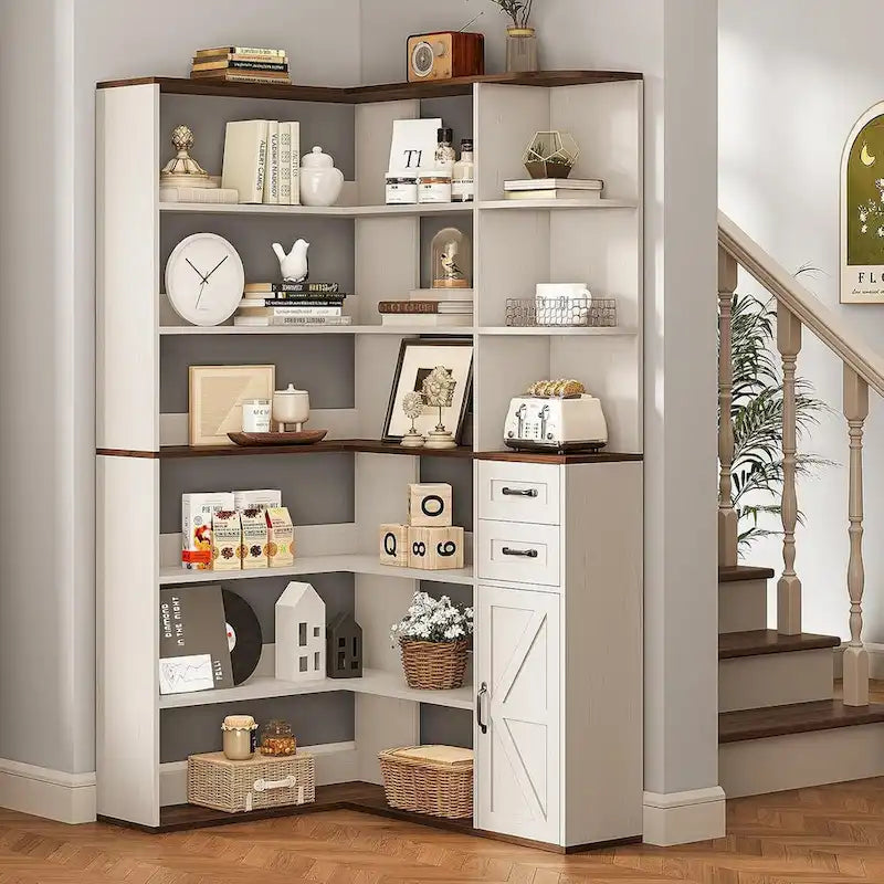 L-Shaped 7-Tier Corner Bookshelf with Cabinet and Drawers – Oak / Antique White, 1-Unit